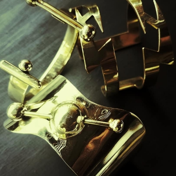 Brass bangle cuff bracelet barbell spheres. - Picture 6 of 6